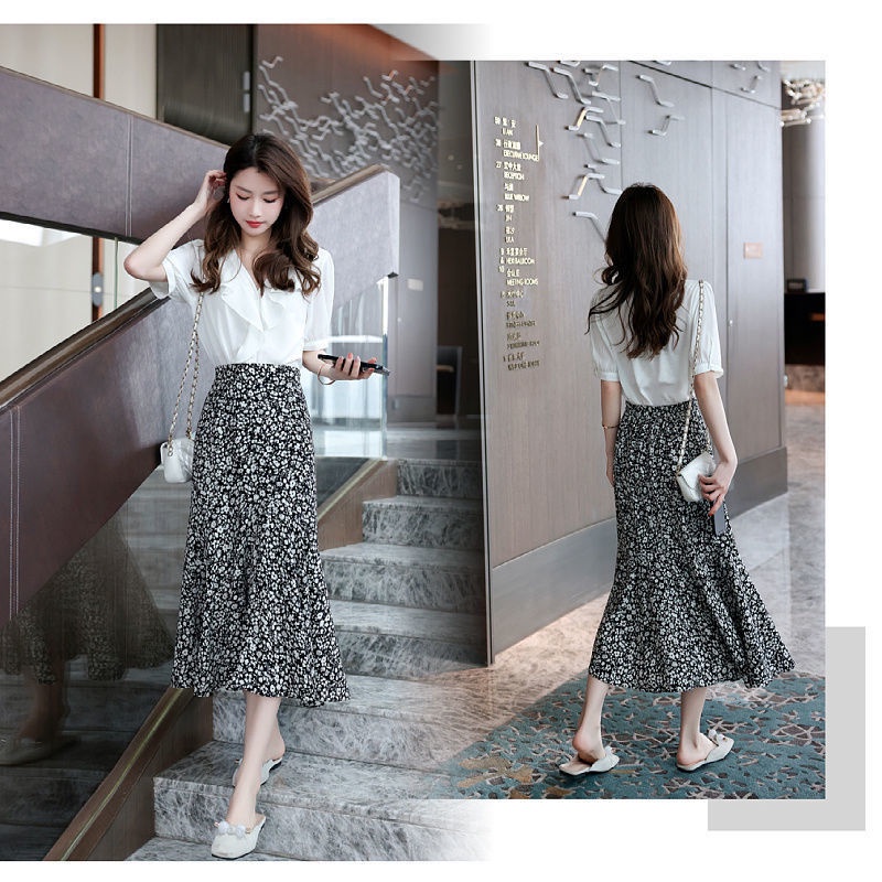 Set Áo Sơ Mi Chiffon Cổ V Kèm Chân Váy Dài Họa Tiết Hoa Thời Trang Hàn Quốc Cho Nữ