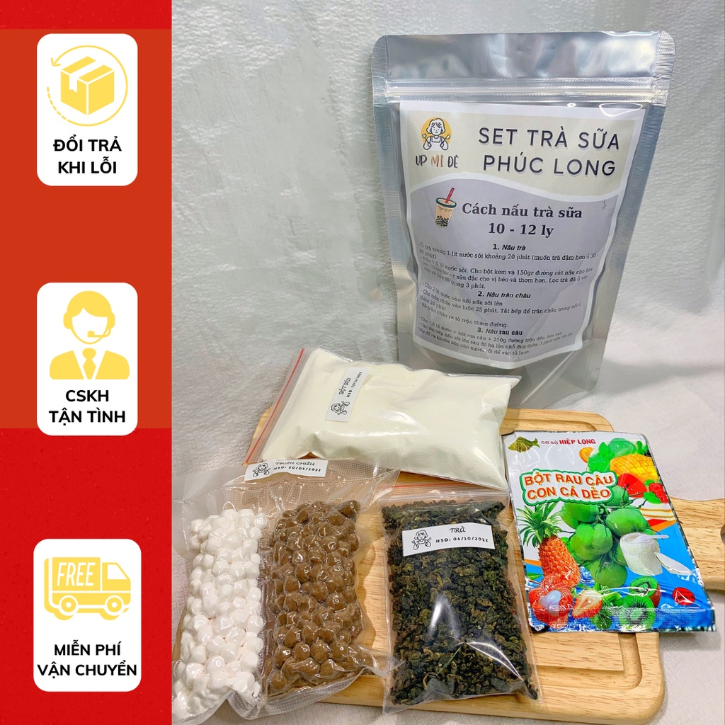 Set Nguyên Liệu Pha Trà Sữa Phúc Long Nấu 10 - 12 Ly Full Topping - UP MÌ ĐÊ