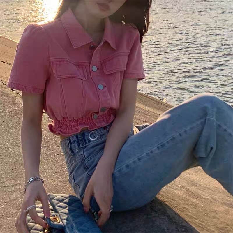 Áo Jean cổ kiểu sơmi túi hộp nữ tay ngắn croptop phối quần Ống rộng