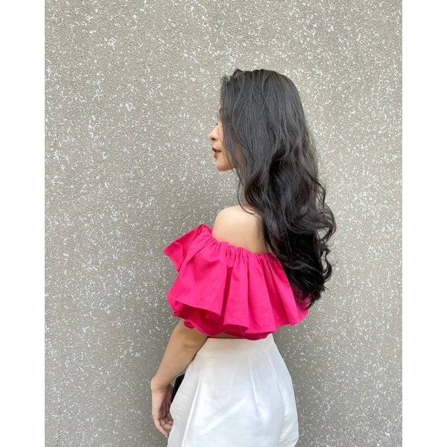 Anis_Áo croptop bẹt vai màu hồng, tay phồng phần vai có thun co giãn, dây kéo phía sau Laphin Top | BigBuy360 - bigbuy360.vn