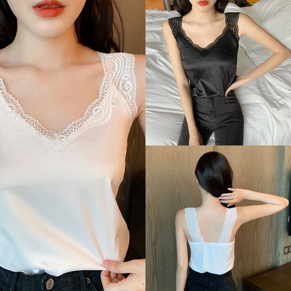 Áo dây vải satin viền ren cổ V thời trang Hàn Quốc
