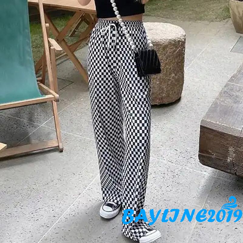 Quần dài ống suông lưng thun dây rút họa tiết kẻ sọc có thể điều chỉnh dành cho nữ