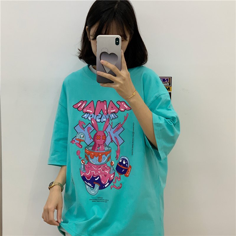 Áo thun nam nữ unisex tay lỡ THỎ KAWAI oversize 3 màu trắng đen xanh ngọc cotton dáng xuông