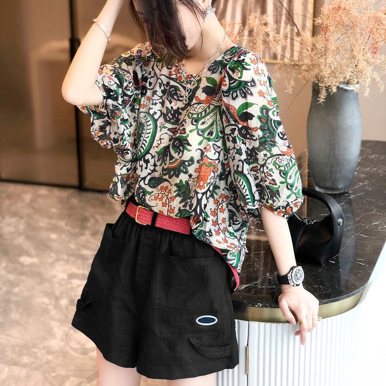 Bộ Áo Sơ Mi In Hoa + Quần Short Ống Rộng Thời Trang Mùa Hè Cho Nữ