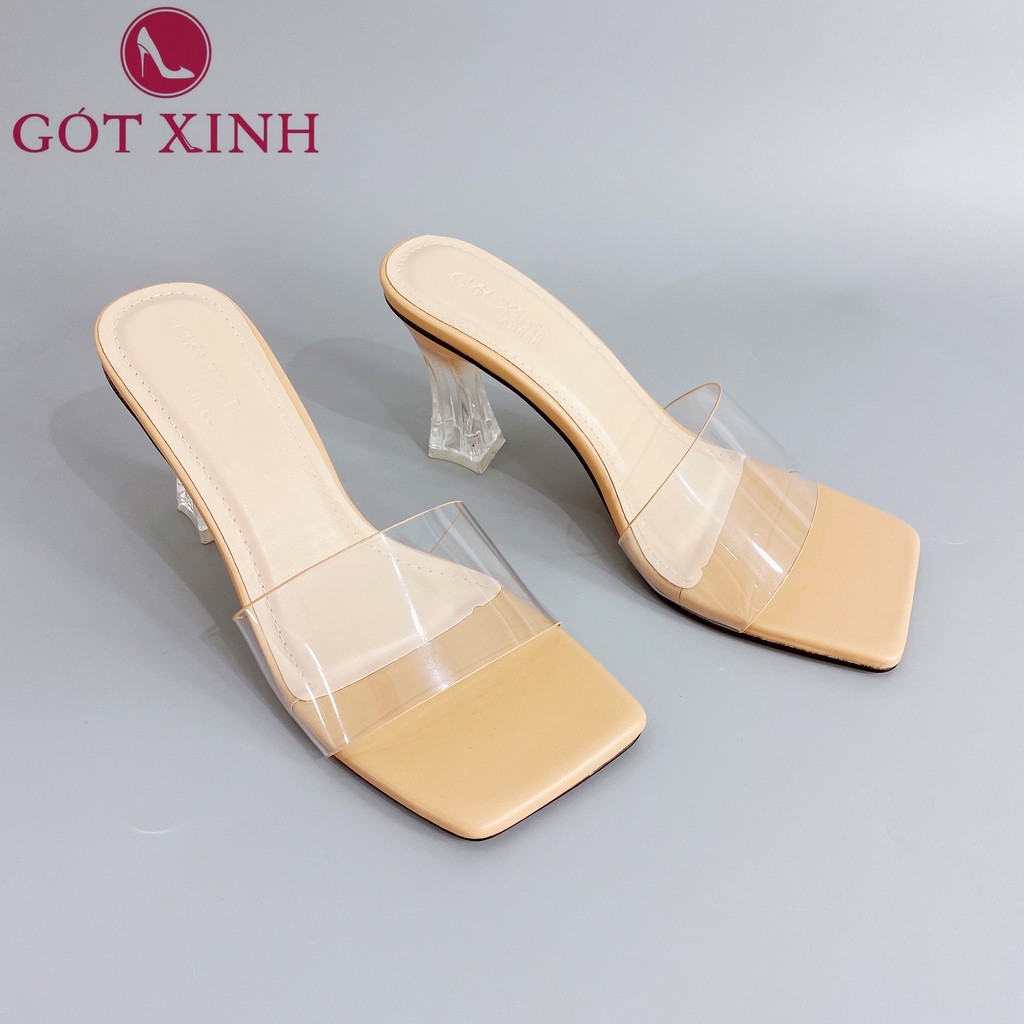 Dép cao gót nữ GÓT XINH D29 mũi vuông quai ngang chất liệu mika trong đế cao 5cm