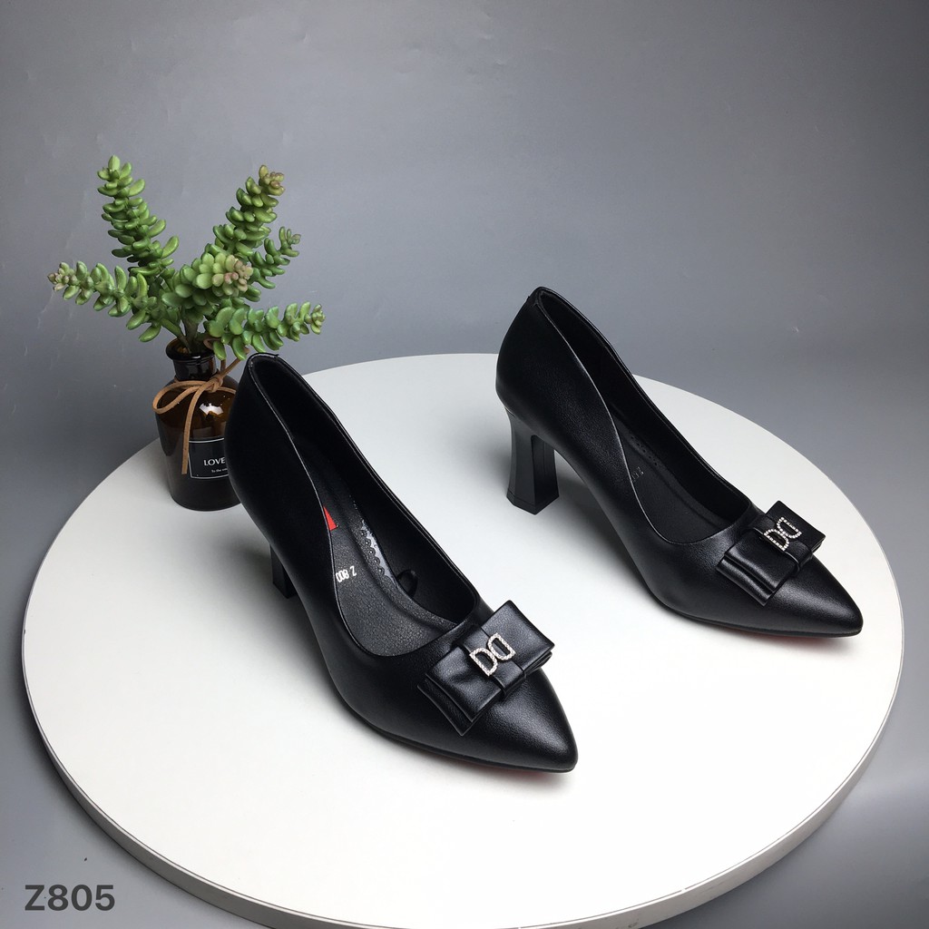 Giày công sở nữ BQ ❤️FREESHIP❤️ Giày cao gót mũi nhọn gắn nơ da mềm đế cao su 7cm GBZ805
