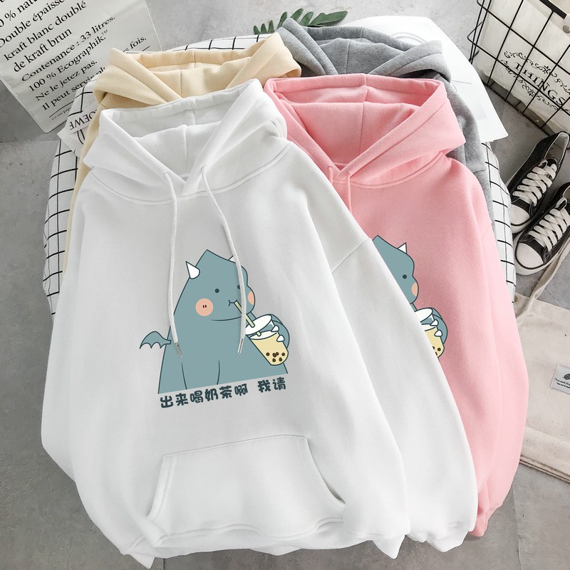 Áo hoodie khủng long uống trà sữa HTH1120