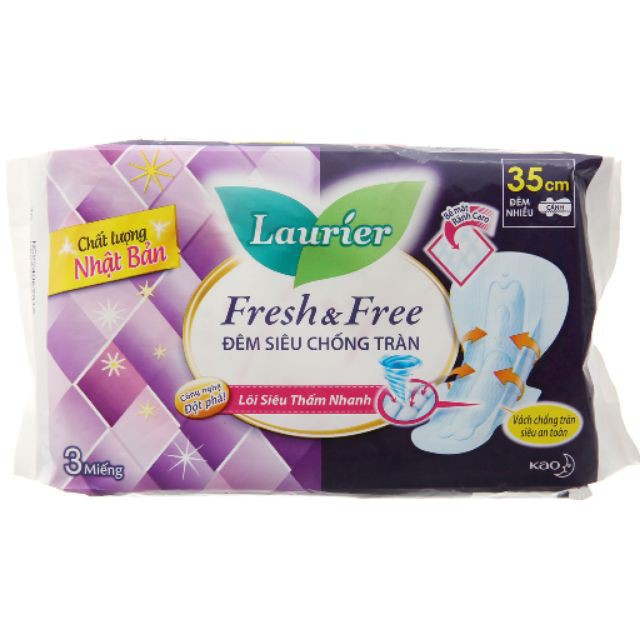 Băng vệ sinh ban đêm Laurier Fresh and Free đêm nhiều có cánh 35cm 3 miếng