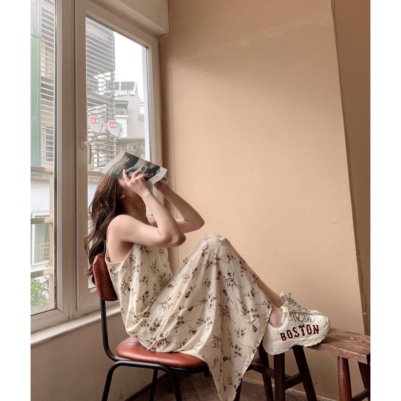 VÁY HAI DÂY HOA NHÍ TRẮNG/NÂU - VÁY HAI DÂY MIDI ĐIỀU CHỈNH ĐƯỢC DÂY | BigBuy360 - bigbuy360.vn