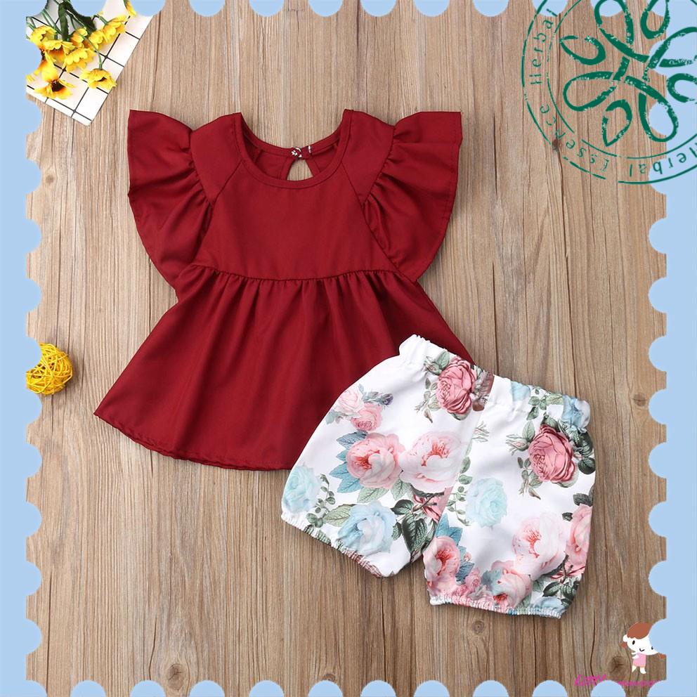 Set áo thun tay bèo & quần short in hoa cho bé gái