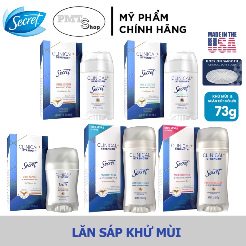 Lăn sáp khử mùi nữ Secret Clinical Strength Powder Protection , Completely Clean , Stress Response 73g , 45g