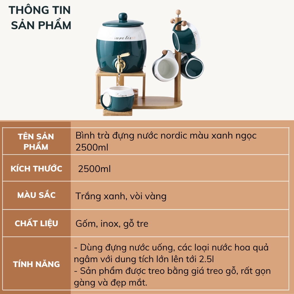Bộ bình nước sứ cao cấp giữ nhiệt có vòi nắp đậy khung gỗ DECOSA