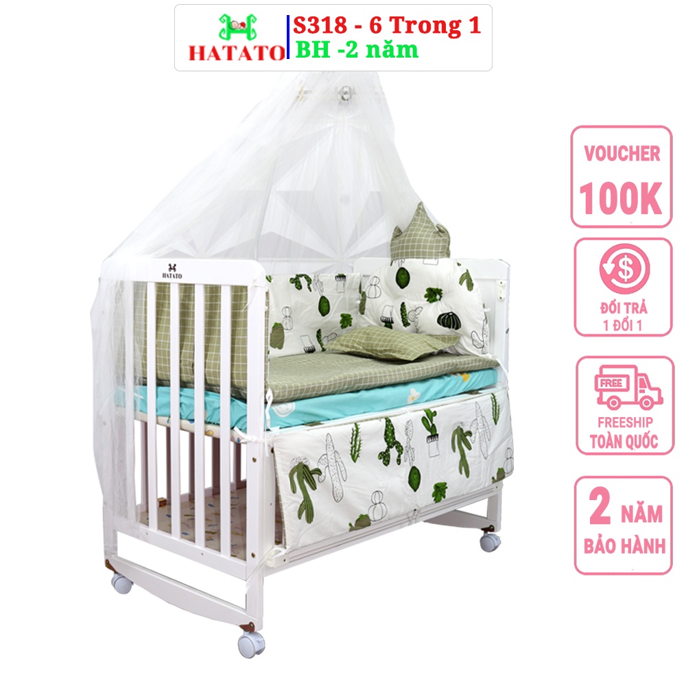 Nôi Gỗ Cho Bé Hatato S318 - 6 Trong 1 – Phủ 3 Lớp Sơn Trắng Cao Cấp