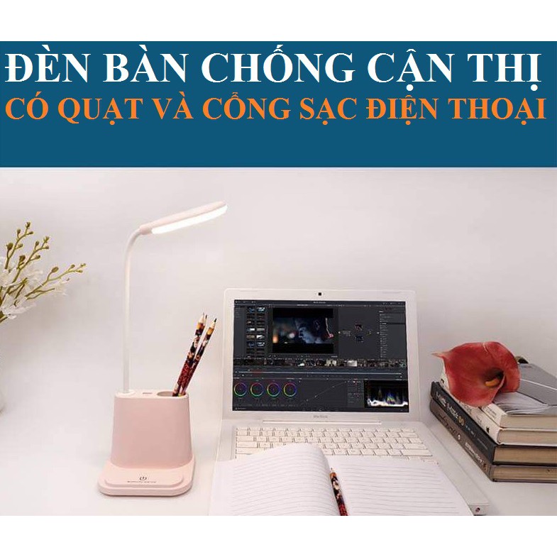 Đèn học chống cận thị 3 trong 1 có quạt và cổng sạc điện thoại USB - đèn bàn sạc điện cho bé học