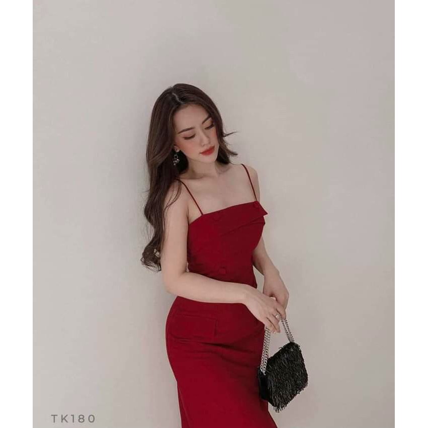 ĐẦM 2 DÂY DẠO PHỐ NÚT BỌC XẺ ĐÙI – NUDE ĐỎ ĐEN – VÁY ÔM BODY - GD076 | BigBuy360 - bigbuy360.vn