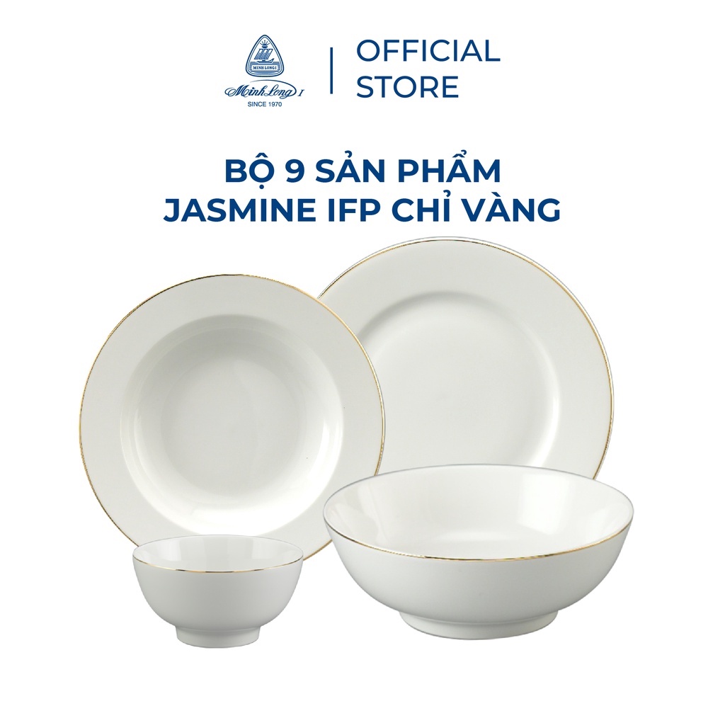 Bộ Chén Dĩa, Bộ Bát Đĩa Sứ Minh Long 09 Sản Phẩm - Jasmine- Chỉ Vàng