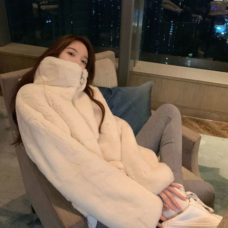 Áo khoác giả lông thỏ dáng rộng phong cách thu đông Hàn Quốc mới 2021