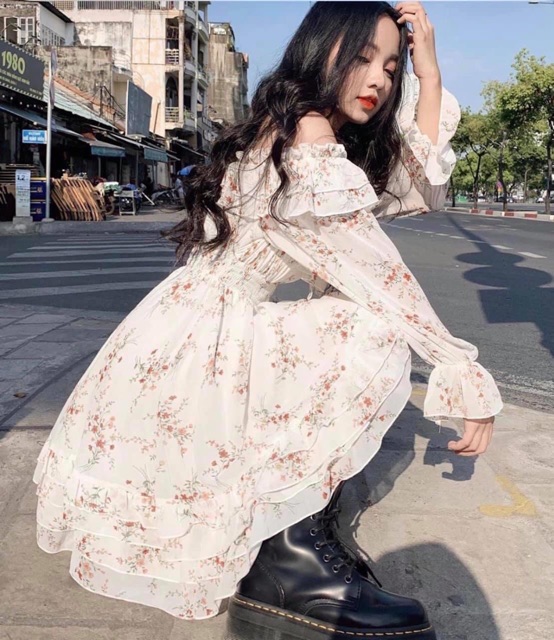 Đầm hoa nhí trễ vai hai màu (hình shop tự chụp/sẵn) | BigBuy360 - bigbuy360.vn