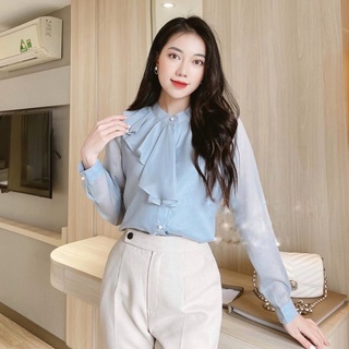 Sơ mi dài tay vạt lệch một bên, sơ mi phong cách thời trang công sở