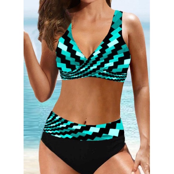 GISELA Bộ đồ bơi bikini 2 mảnh đen lưng cao che mỡ bụng hoạ tiết trung niên