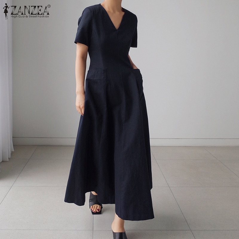 Đầm ZANZEA dáng dài ngắn tay cổ V dễ phối đồ thời trang thường ngày cho nữ