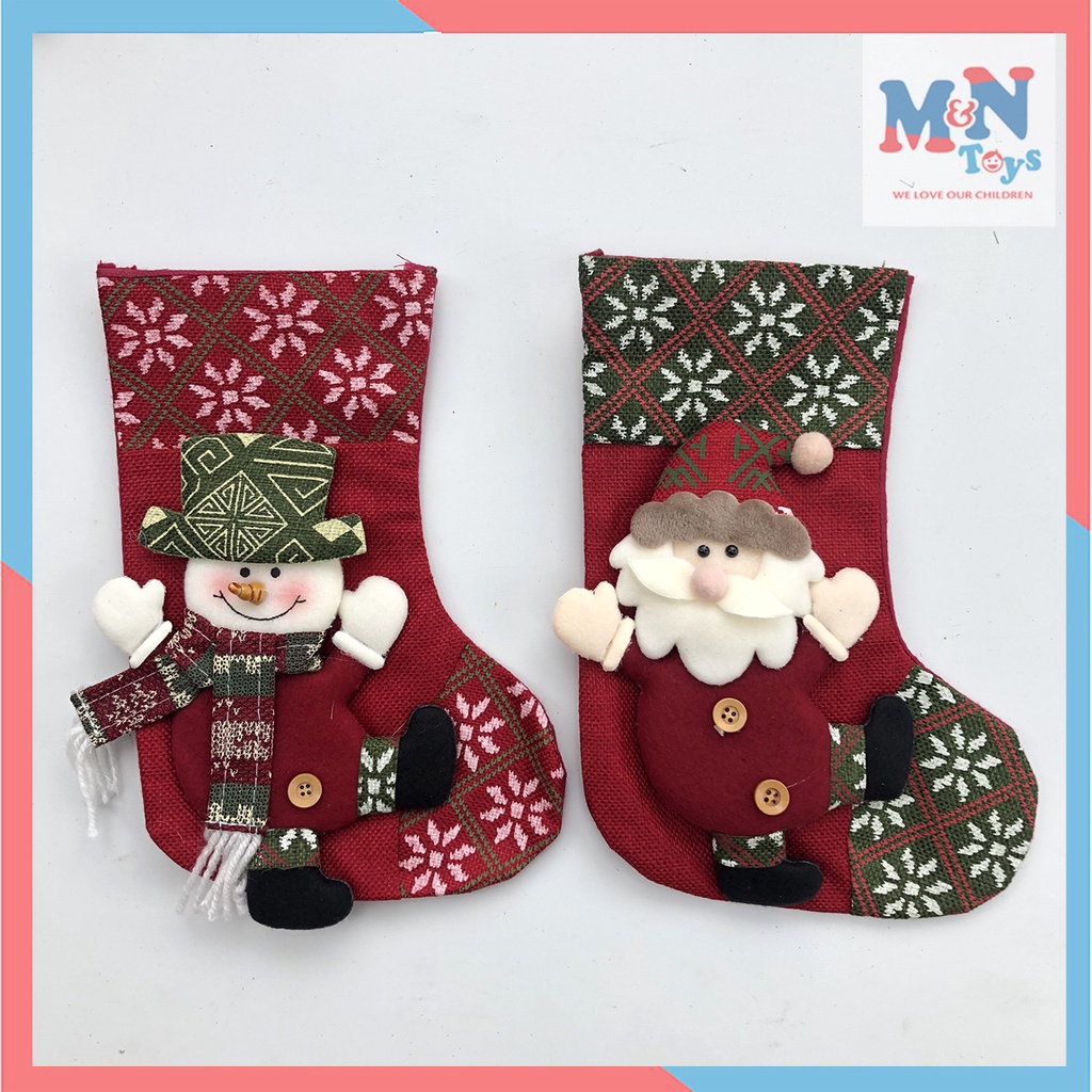 Vớ (Tất) Ông già Noel , Người tuyết đựng quà kiểu thổ cẩm 26cm trang trí Giáng sinh decor nhà cửa
