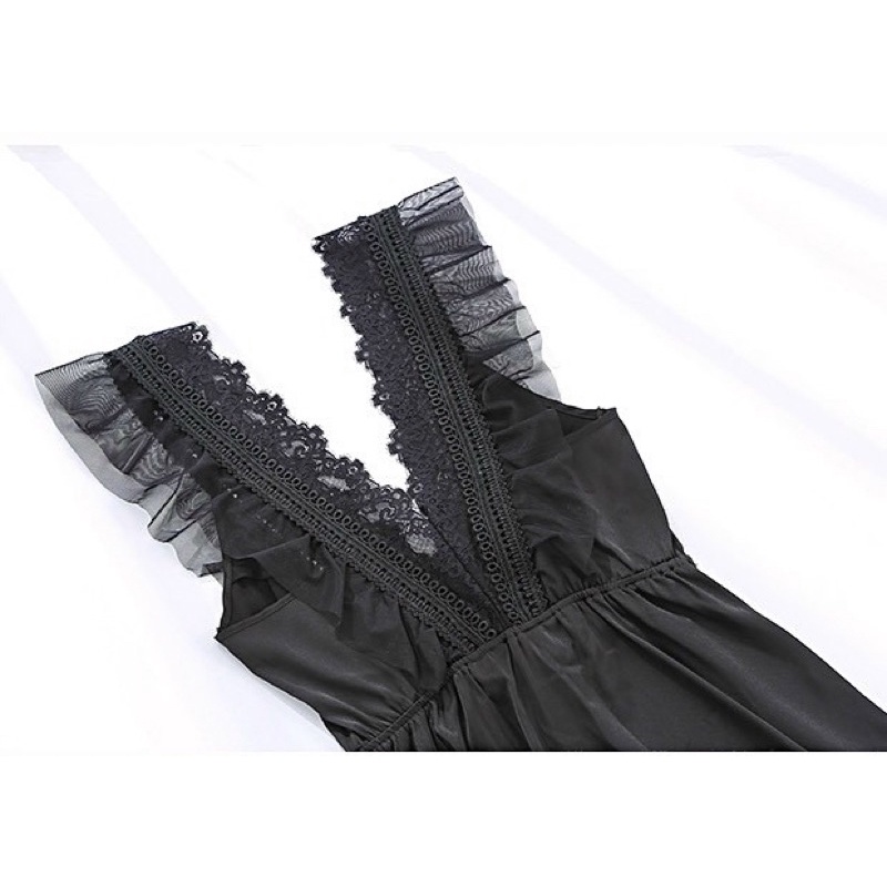 váy ngủ sexy cao cấp lụa Quảng Châu cổ V đen-trắng 005