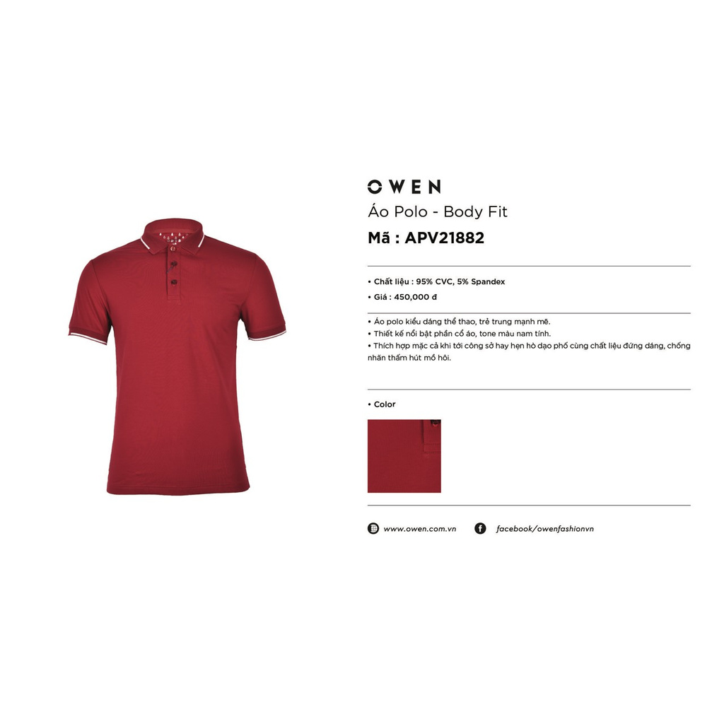 OWEN - Áo Polo Owen APV21882 - Kiểu dáng Body fit - Chất liệu CVC - Màu đỏ Booc đô