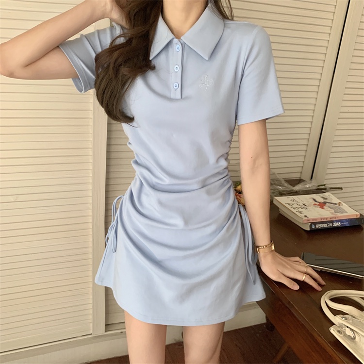 Váy nữ Body Dây Rút Hông Đầm Polo Body Dáng Ôm Cộc Tay 3 hồng xanh trắng tôn dáng V038