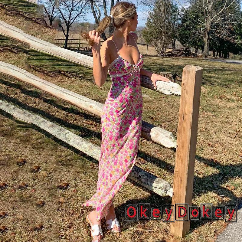 OKDK-Women Sexy Sleeveless Dress with Flower Pattern Lace Patchwork Deep V Neck Long Type Sundress