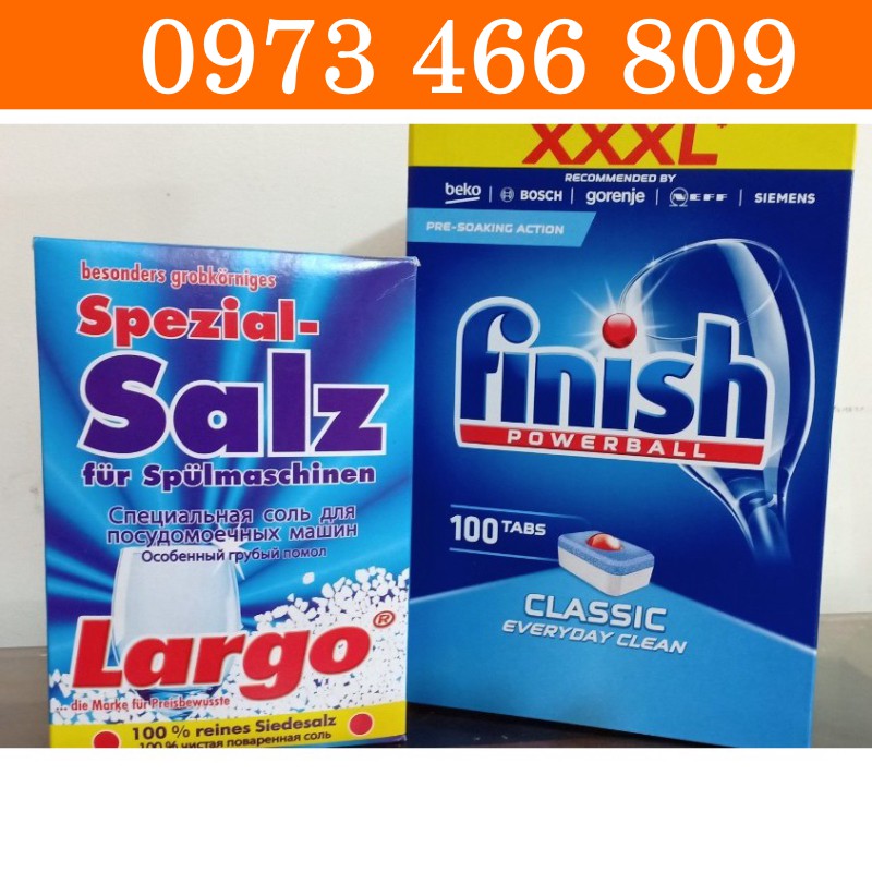 COMBO VIÊN RỬA BÁT FINISH 100 VIÊN + MUỐI 1.2kg LARGO ( DÀNH CHO MÁY RỬA CHÉN 9-10-12-13-14 BỘ )
