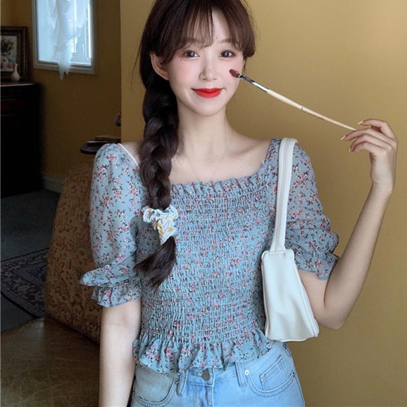 Áo chiffon nữ tay ngắn cổ vuông in hoa phong cách Hàn Quốc xinh xắn