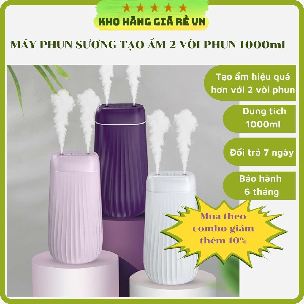 Máy phun sương tạo hơi ẩm bình đựng 1000ml có hai vòi phun kép sử dụng công nghệ siêu âm khuếch tán tinh dầu thơm phòng