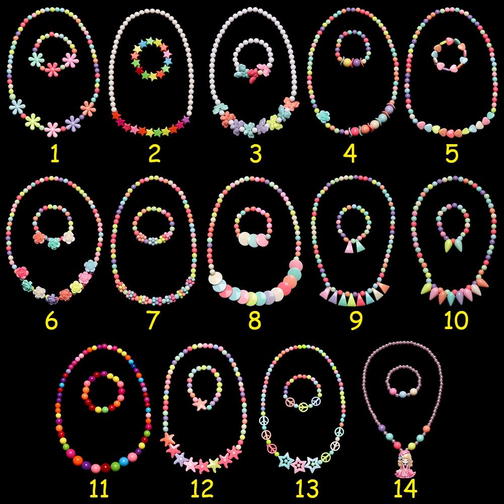 Set vòng tay vòng cổ xỏ chuỗi bằng hạt nhựa nhiều màu làm thủ công dùng làm quà tặng cho bé gái