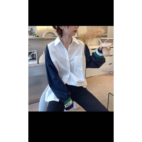 Áo sơ mi phối màu tay xanh