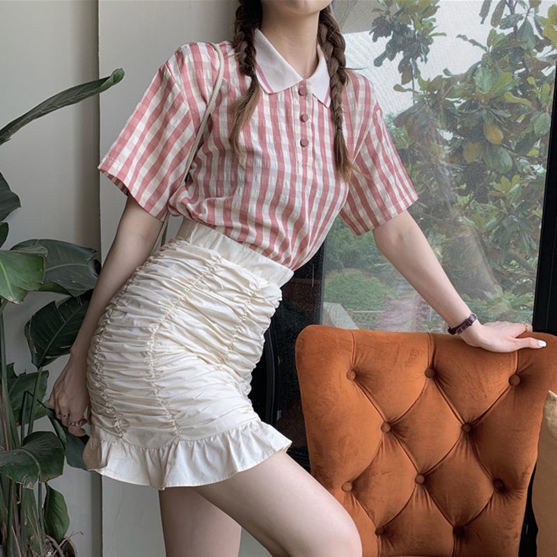 Bộ Áo Sơ Mi Ca Rô + Chân Váy Chữ A Lưng Cao Xinh Xắn Dành Cho Nữ