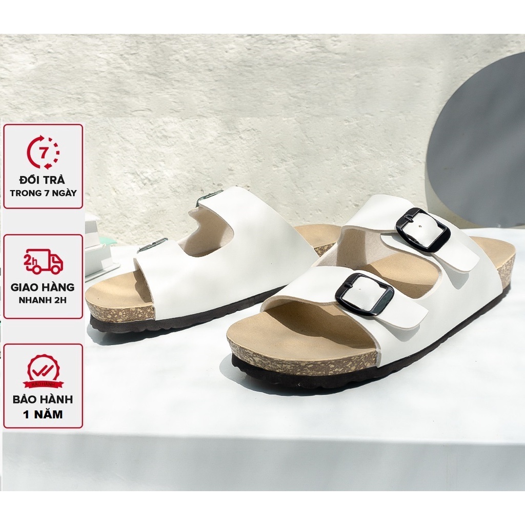 Dép Birken 2 khóa thời trang unisex đế trấu bệt màu đen - trắng Dép sandal đế thấp [DT002 - DT012]