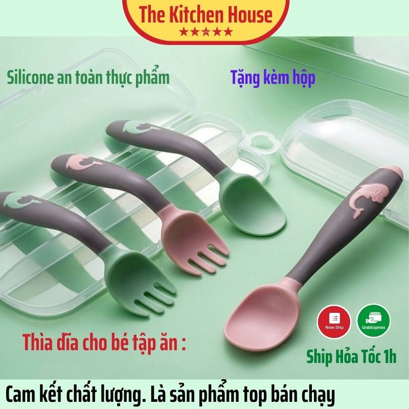 Bộ thìa dĩa cho bé tập xúc ăn dặm, sét muỗng nĩa silicon an toàn sức khỏe uốn cong hình cá heo xinh sắn TheKitchnHouse