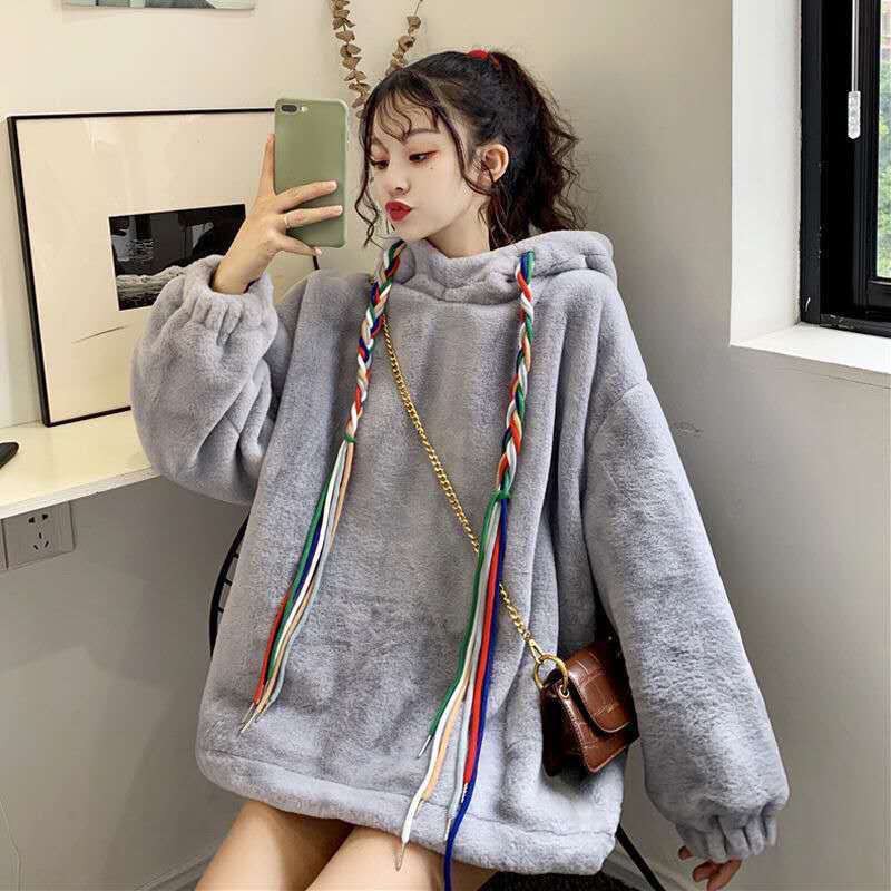 Áo hoodie nữ len nhung form rộng dày dặn Hàn Quốc