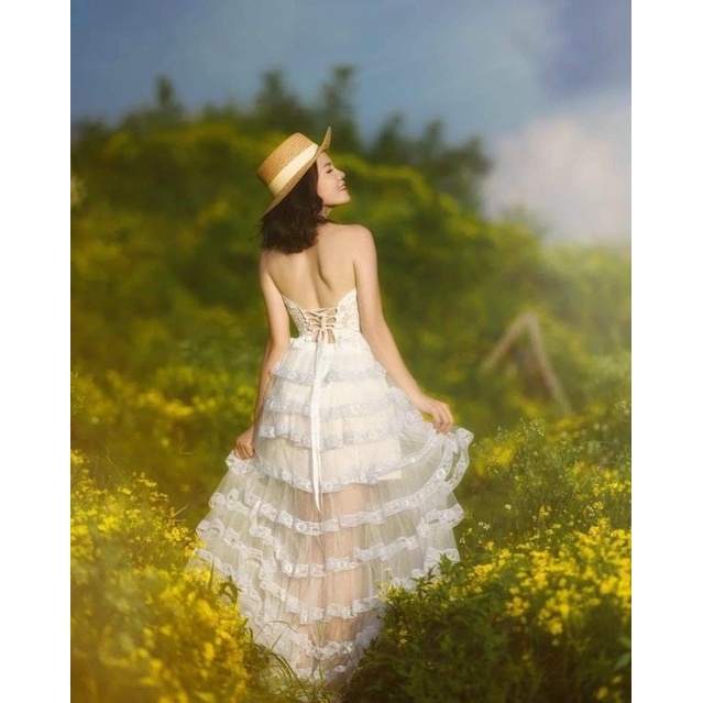 VIDEO THẬT🤍 Set công chúa: áo ren ống đan dây + chân váy maxi tầng xoè bồng  chuẩn hình