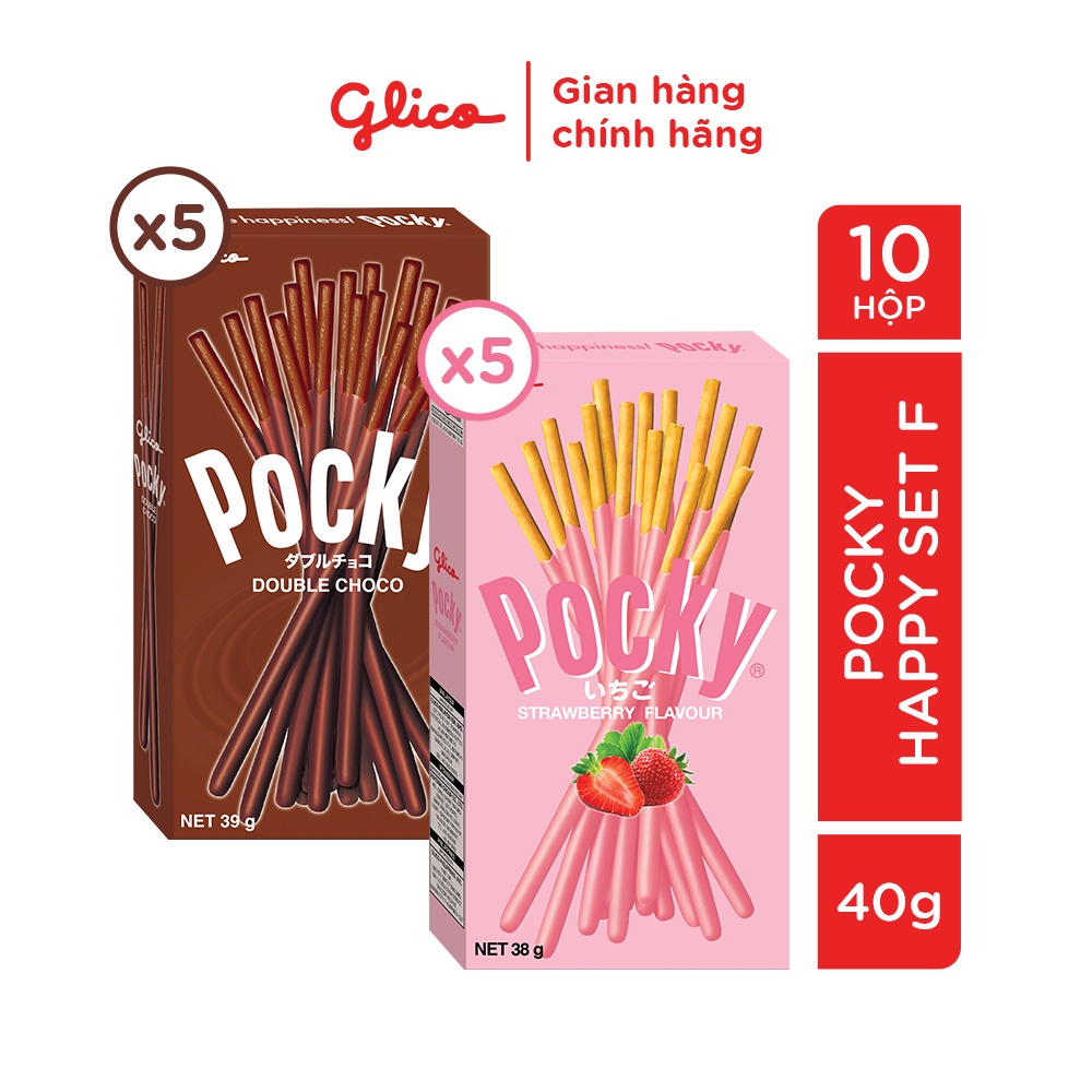 Bánh snack que phủ kem Glico Pocky Happy Set F combo 10 hộp (5 dâu 5 double sô cô la)