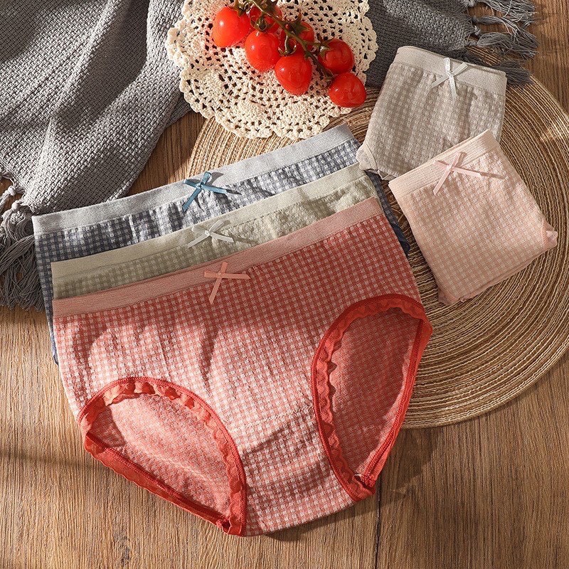 Quần lót cotton kẻ caro phối ren thấm hút mồ hôi kháng khuẩn Ms 789