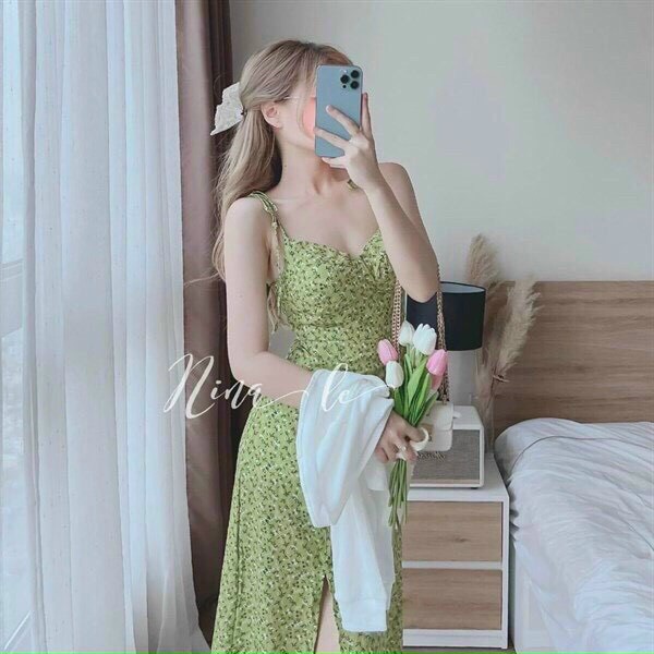 [HCM] Đầm xòe họa tiết Xẻ Tà Phối Áo Khoác Gân Tâm Thời Trang Nữ Sam Closet Free Size 40-55kg