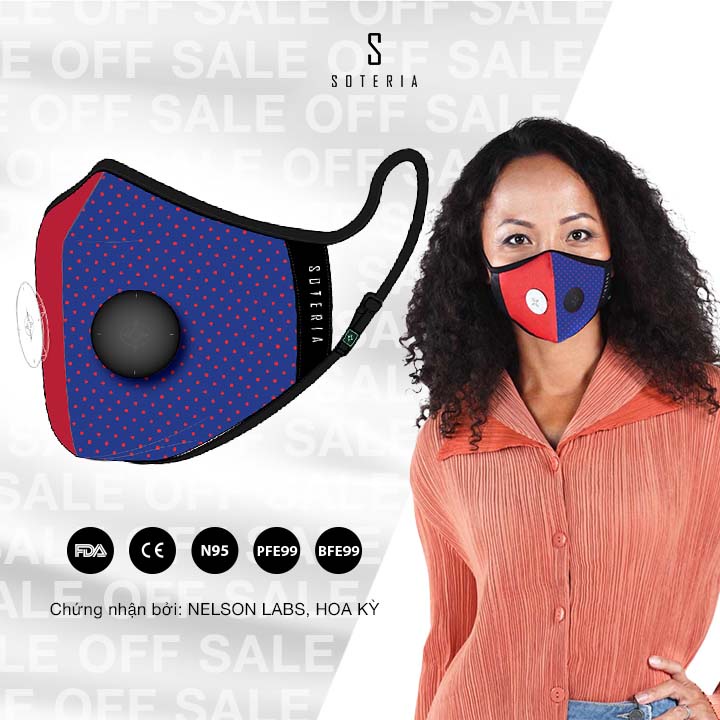 Khẩu trang tiêu chuẩn Quốc Tế SOTERIA Red Blue ST207 - Bộ lọc N95 BFE PFE 99 lọc đến 99% bụi mịn 0.1 micro- Size S,M,L