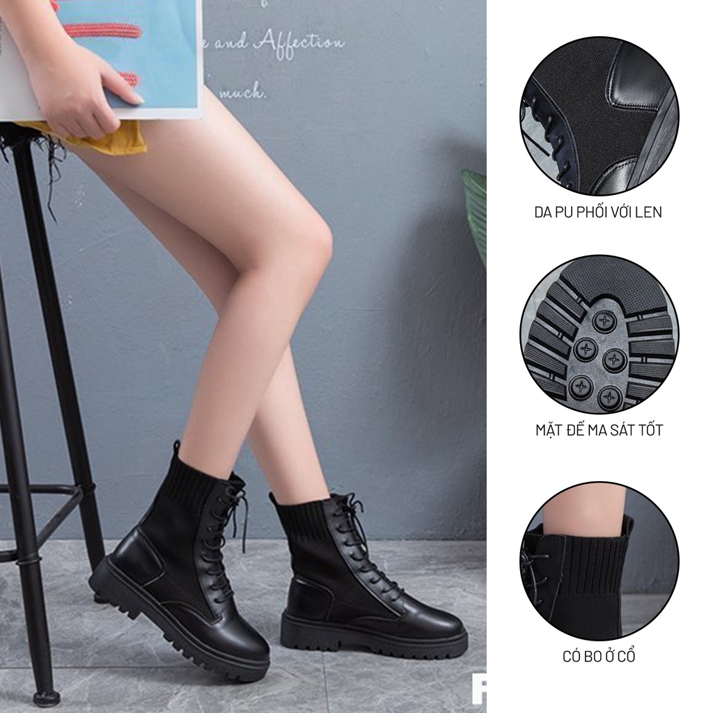 Giày Bốt Martin Nữ Ulzzang, Giày Da Oxford Độn Đế Cổ Lửng Basic Vải Len Co Dãn Vintage, Hàn Quốc - Iclassy_shoes