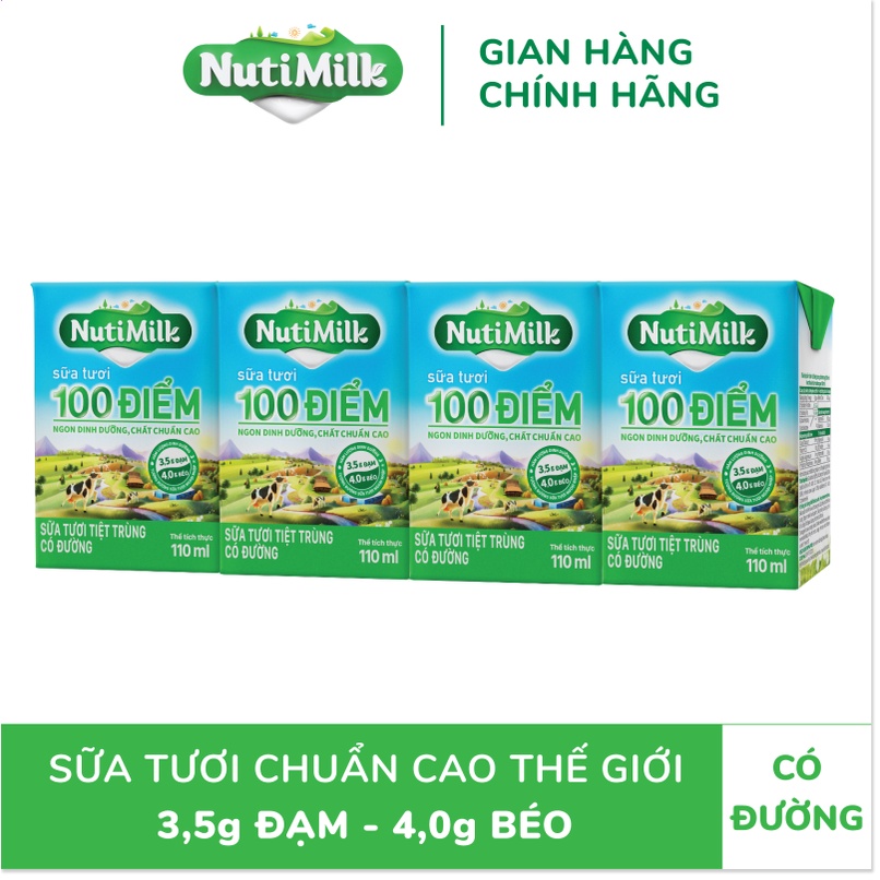Lốc 4 Hộp NutiMilk Sữa tươi 100 điểm - Sữa tươi tiệt trùng Có đường 110ml L4.STCD110CRN- Thương Hiệu NUTIFOOD - AZKids
