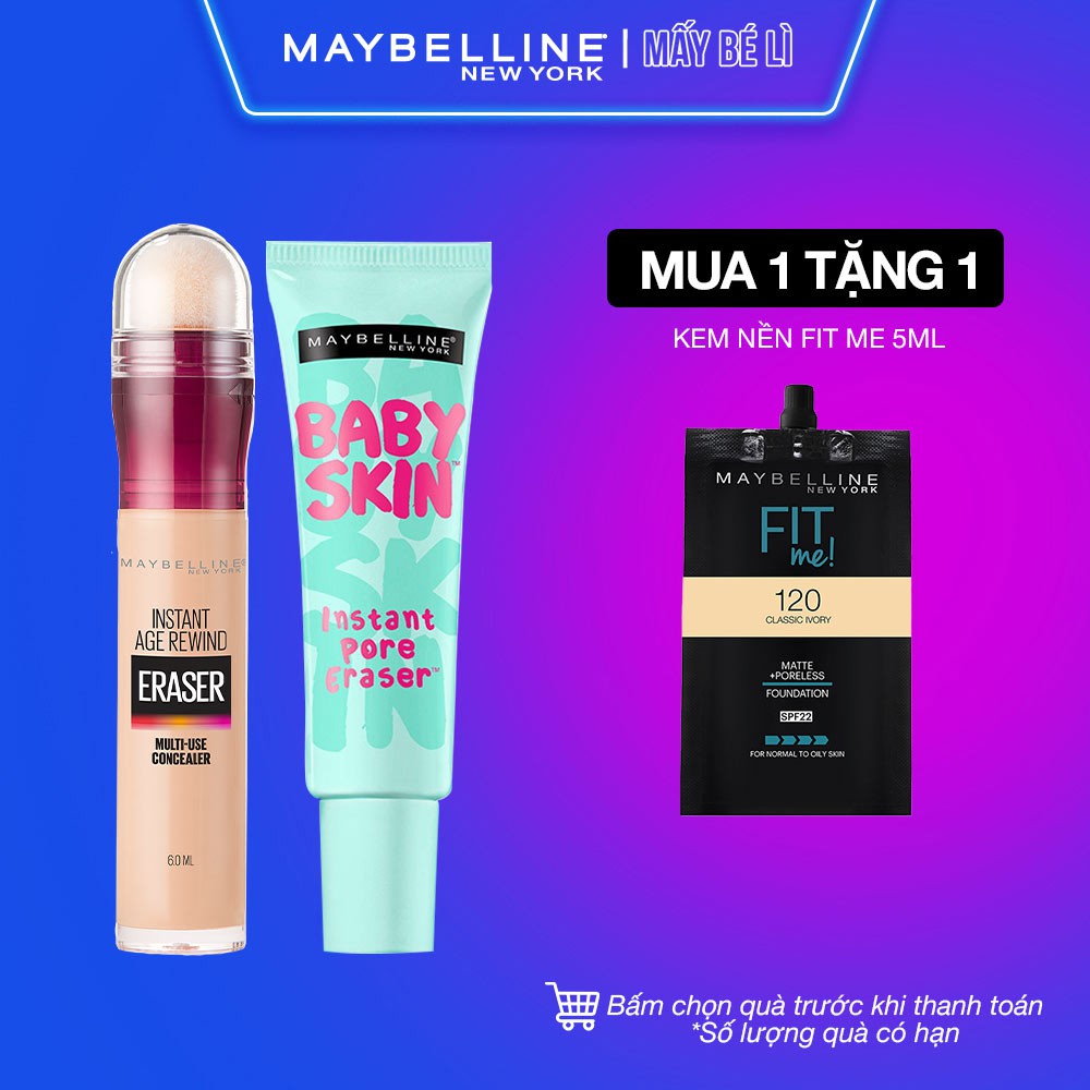 [Bộ trang điểm] Kem lót mịn da Baby Skin Primer 22ml  + Bút cushion Instant Age Rewind 6ml Maybelline New York | BigBuy360 - bigbuy360.vn