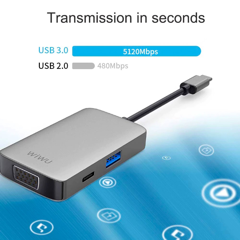 Bộ Hub chuyển đổi đa năng Type C WIWU A513HVP 5 in 1 4K HDMI+ 3.5mm Jack+ PD + USB 3.0+ VGA cho laptop