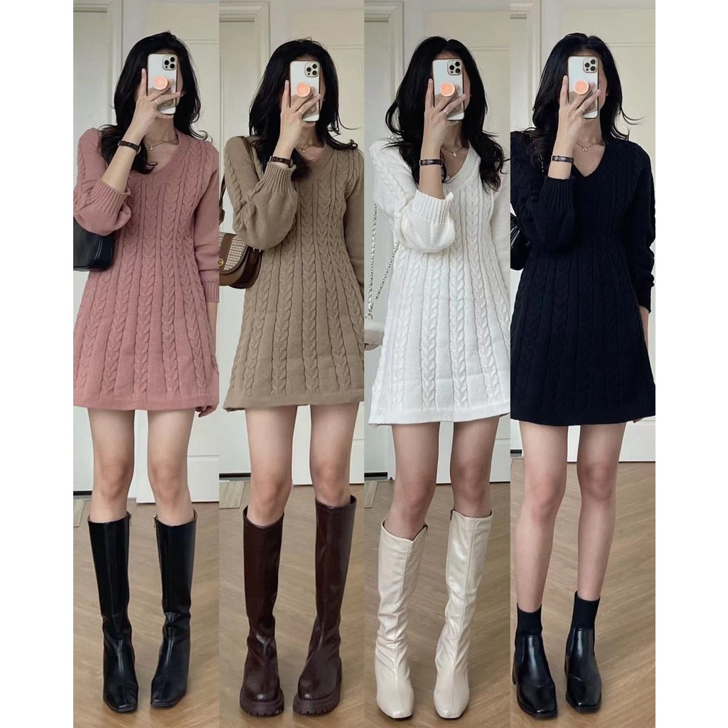 Váy len vặn thừng cổ V, Váy len nữ dầy dặn mùa đông Ullzang hàng Quảng Châu - Dorita Boutique | BigBuy360 - bigbuy360.vn