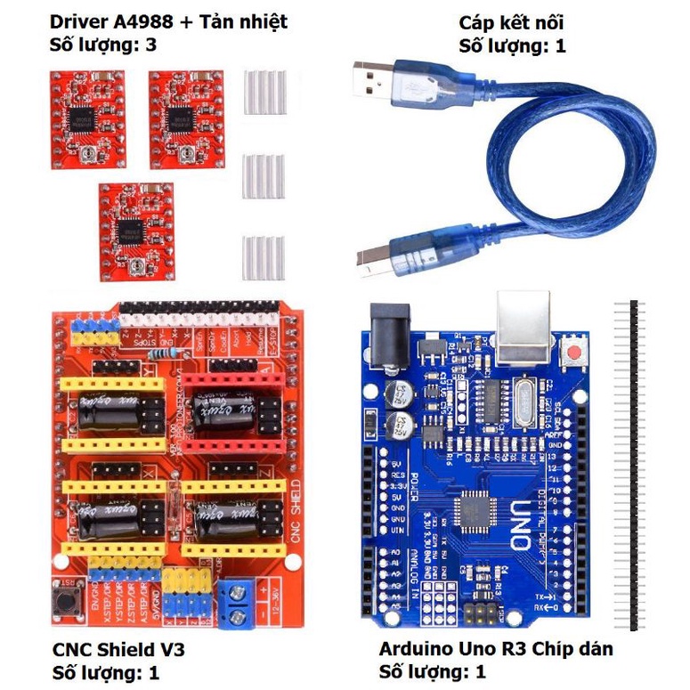 Combo điều khiển máy CNC mini 3 trục -  Arduino Uno R3 + CNC Shield + 3 Driver A4988